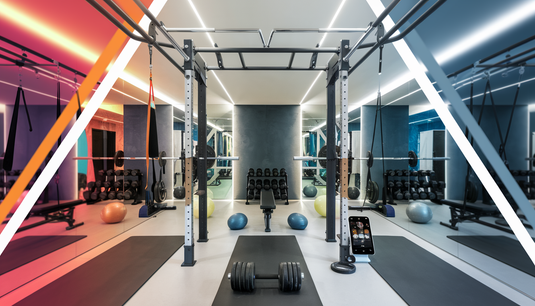 A modern home gym with a pull-up and dip bar, gym mats, resistance bands, and digital workout elements.