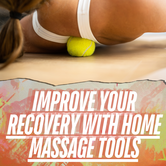 A diverse group of individuals exercising in a vibrant home gym using various fitness equipment like mats, resistance bands, dumbbells, and a massage stick.