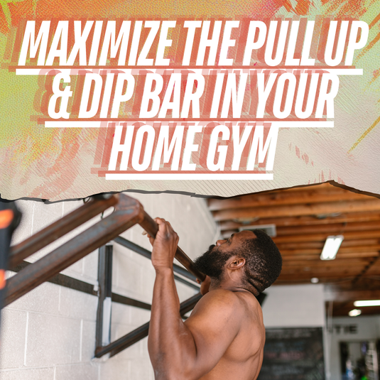 A modern home gym with a pull-up and dip bar, gym mats, resistance bands, and digital workout elements.