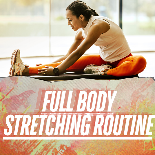 A diverse group of individuals stretching in a bright, inviting home gym with gym mats, resistance bands, and digital workout screens in the background.