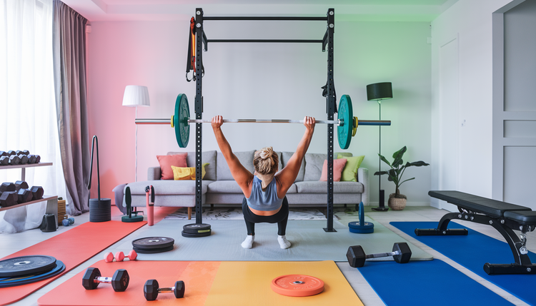 A person performing a landmine press exercise in a modern living room with gym equipment.