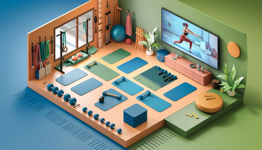 Modern home workout space with gym mats, resistance bands, dumbbells, and a digital workout session on a screen.