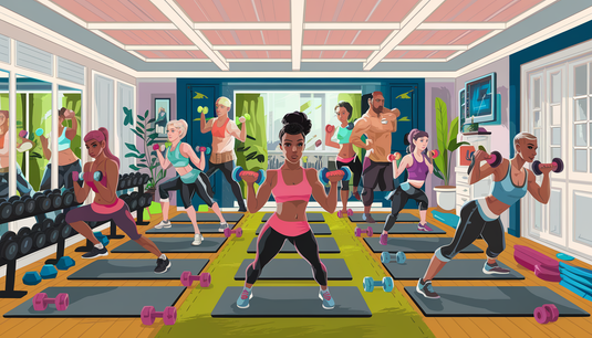 A diverse group of people performing dumbbell bicep curls in a well-lit home gym with gym mats, resistance bands, and a digital workout screen.