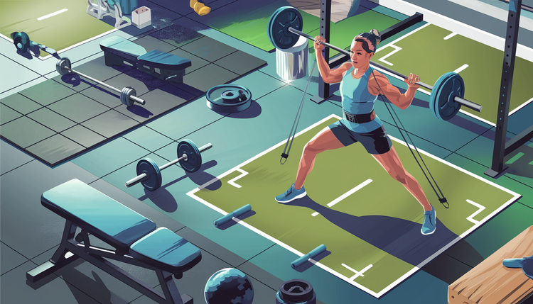 A person confidently works out with resistance bands in a modern home gym, featuring gym mats, a weight bench, and various equipment like barbells and dumbbells, set in a vibrant and energetic atmosphere with blues, greens, and grays.