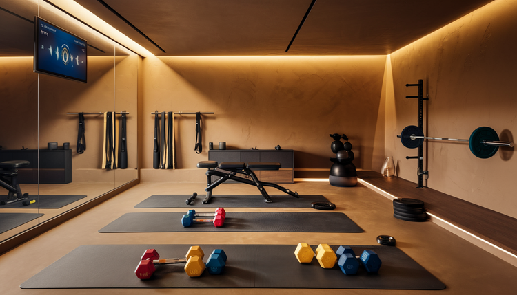 A modern home gym with gym mats, resistance bands, colorful dumbbells, a weight bench, a barbell on a rack, and a digital screen displaying a workout session.