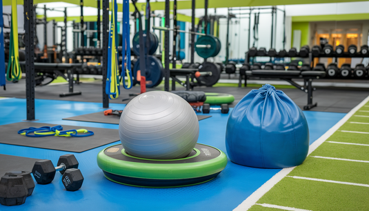 Modern home gym with a Bosu ball, sandbag, gym mats, resistance bands, and digital workout screens, accented by barbells and dumbbells in a vibrant setting.