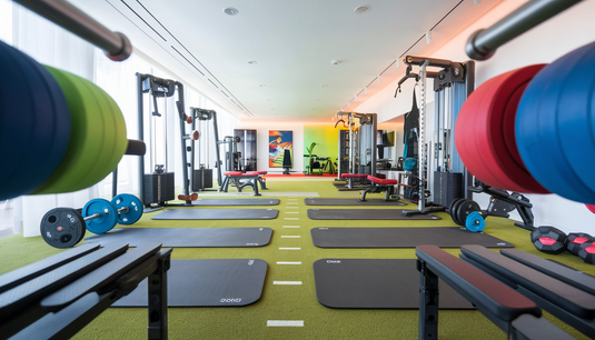 A modern home workout space in the USA featuring gym mats, resistance bands, digital workout screens, barbells, dumbbells, and weight benches in a well-lit room with energetic colors.