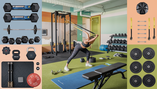 A modern home gym in the USA with a person using resistance bands and weights, surrounded by gym mats, flooring, barbells, and a weight bench in a warm color palette.