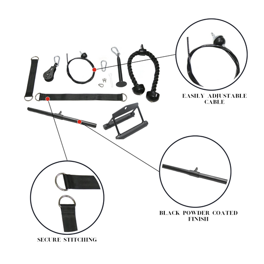 HulkFit Cable Pulley System with Tricep Rope, Straight bar, and D-Row