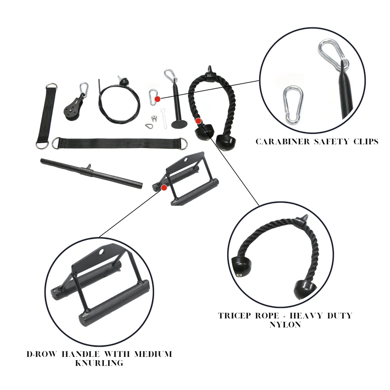 Load image into Gallery viewer, HulkFit Cable Pulley System with Tricep Rope, Straight bar, and D-Row
