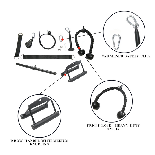 HulkFit Cable Pulley System with Tricep Rope, Straight bar, and D-Row