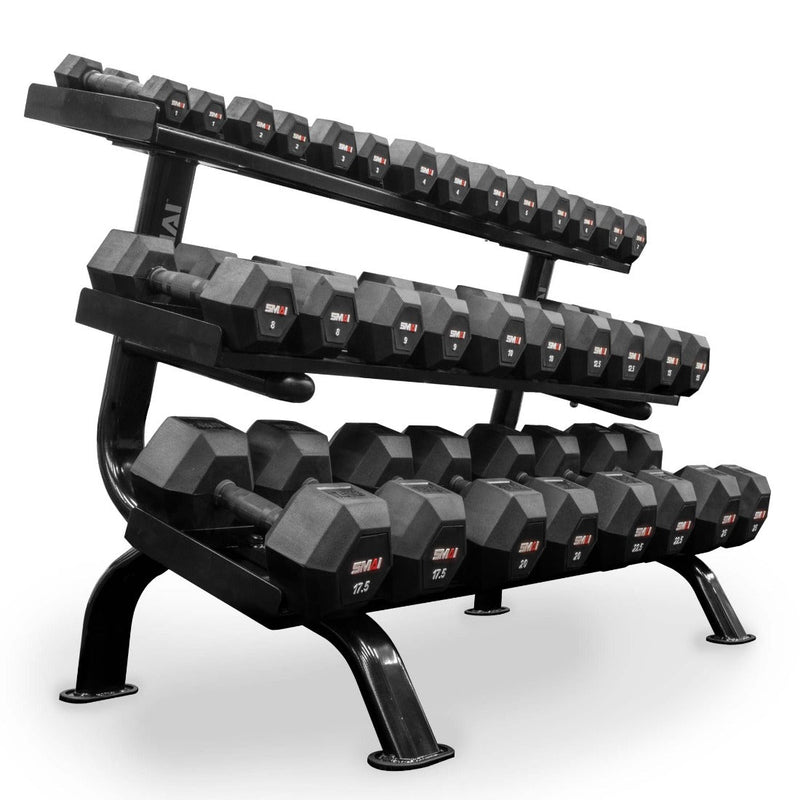 Load image into Gallery viewer, Rubber Hex Dumbbell Set 55lb-100lb (Pairs) with Storage Rack
