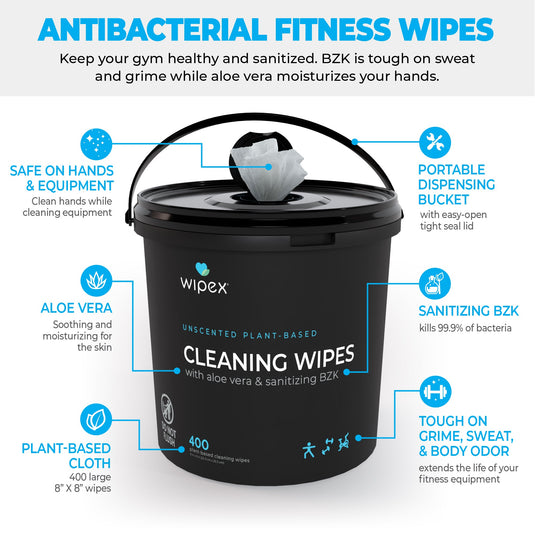 Antibacterial Bulk Gym Wipes Portable Dispensing Bucket 400ct | Skin-Safe 98.9% Natural Formula | Plant-Based Materials