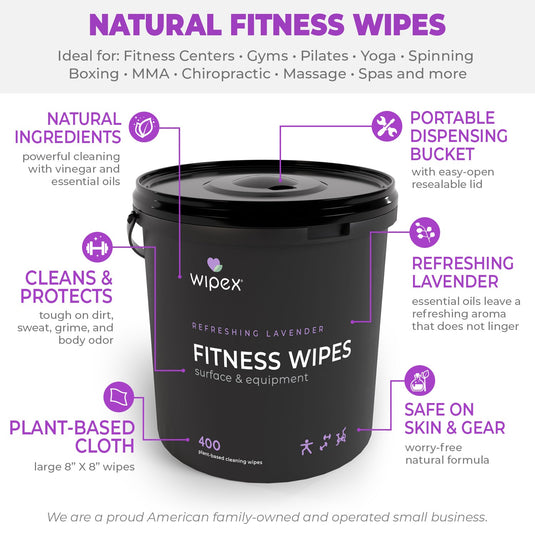 Wipex 400ct Natural Gym Wipes for Fitness Equipment | Portable Dispensing Bucket & Refill | Plant-Based